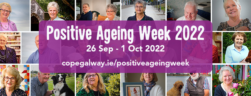 Positive Ageing Week promotional image made up of a collage of 15 smiling older people