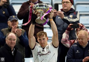 Conor Whelan lifts the Walsh Cup following Galway's win over Wexford.
