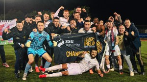 Galway United's squad and fans celebrate Friday's FIrst Division title win