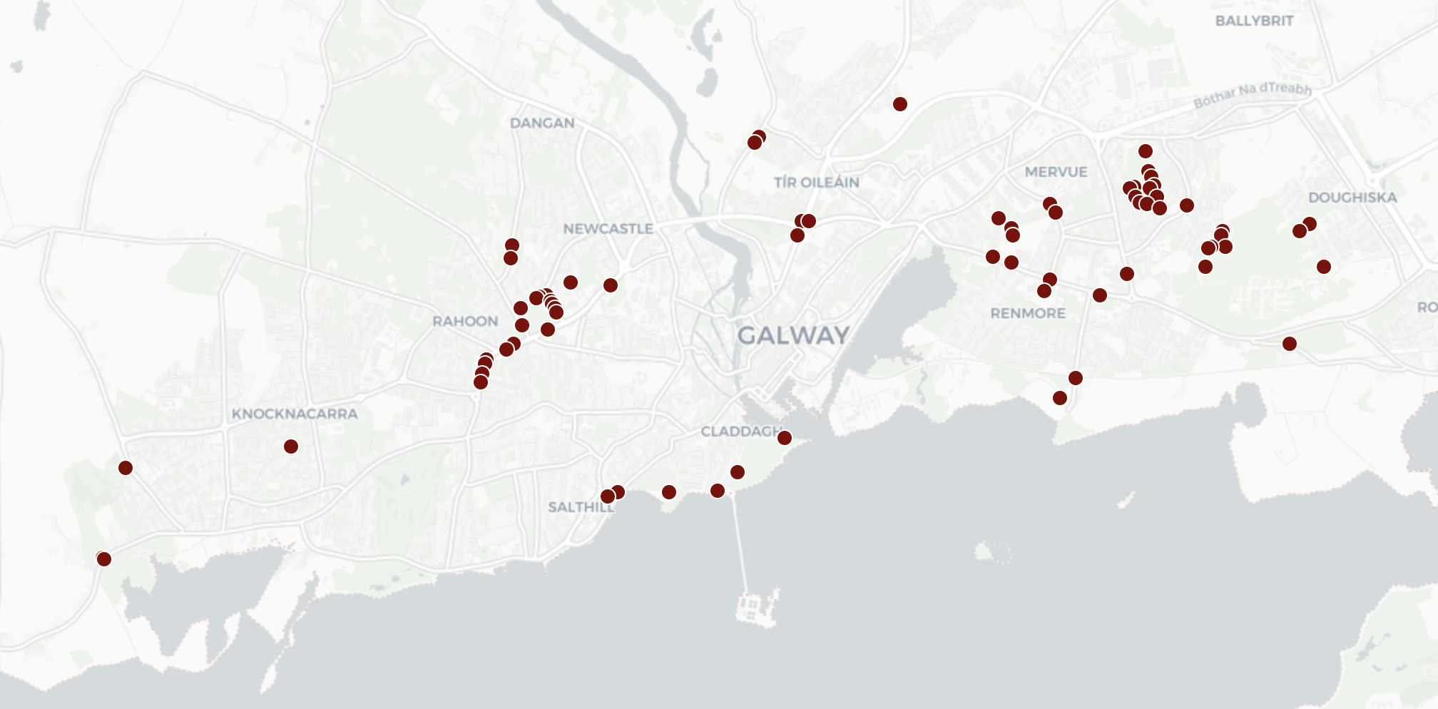 Greyscale map of Galway city with maroon dots indicating the location of the 70+ kissing gates in Galway