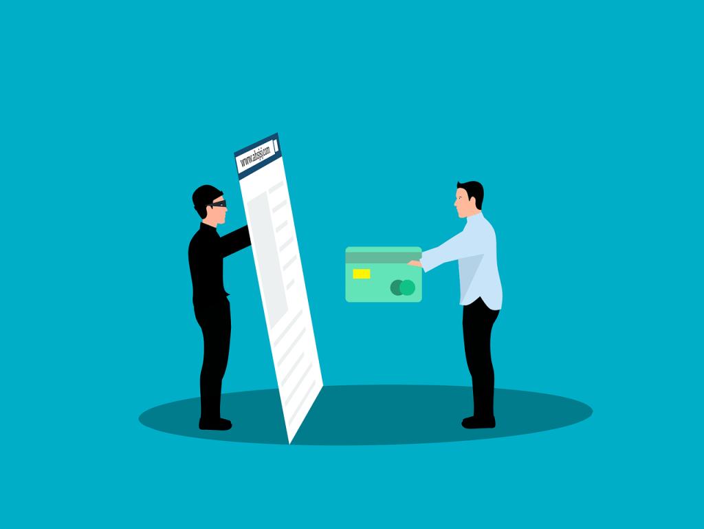 Graphic with a blue-green background showing two people. One is holding a life-size phone and the other is handing over their credit card