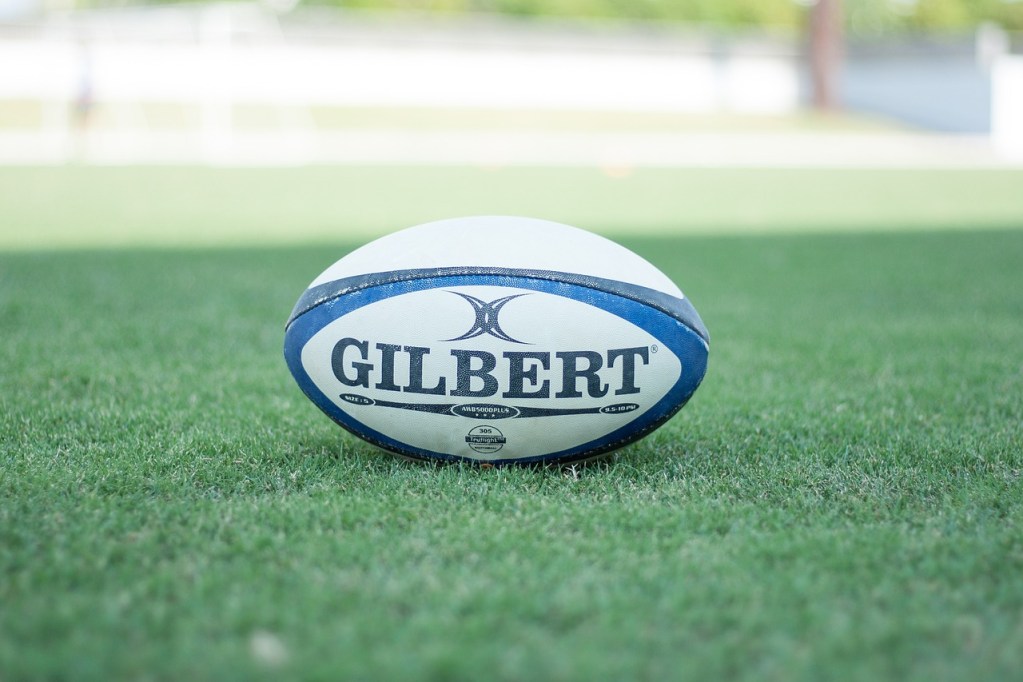 A blue and white rugby ball lies on the grass.