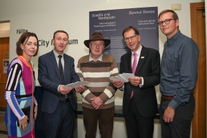 The signing of the partnership agreement between the University of Galway and Galway City Museum, following the success of the 'Survivor Stories: Tuam and Ireland's Institutional Past' exhibition. Photographed from left to right: Dr Sarah-Anne Buckley, Leonard Cleary, John Patrick (JP) Rodgers, Professor David Burn, Adam Stoneman. Photo credit: Boyd Challenger.